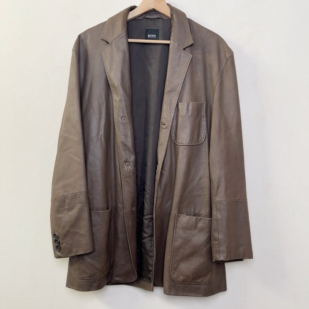 Hugo Boss Mens 50 Laslo Goatskin Patch Pockets Brown Blazer Leather Jacket - Picture 2 of 16
